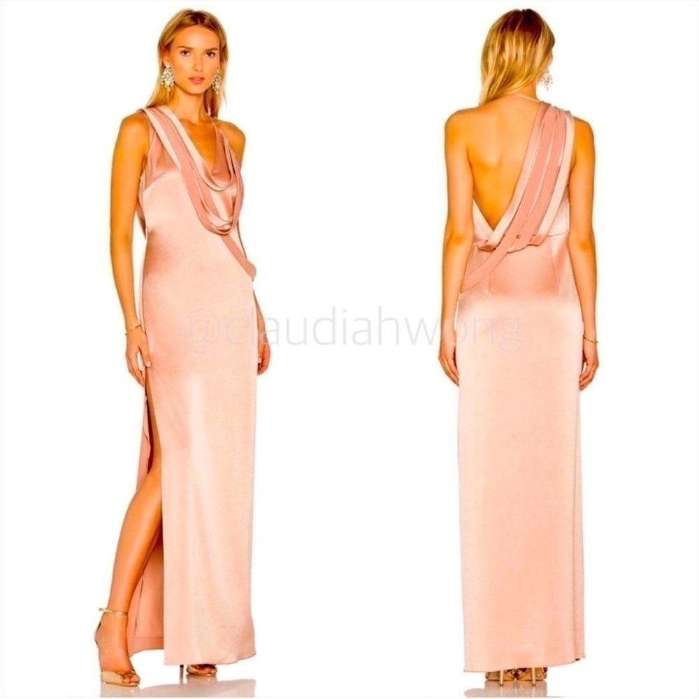 Halston Heritage Slip Gown Almond Pink Draped Deep V Open Back Black Tie Wedding